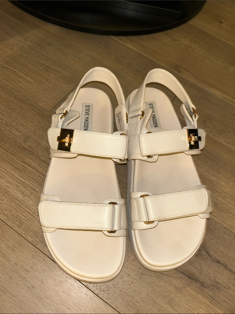 Steve Madden Ivory Leather Double-Strap Sandals with Gold Buckles